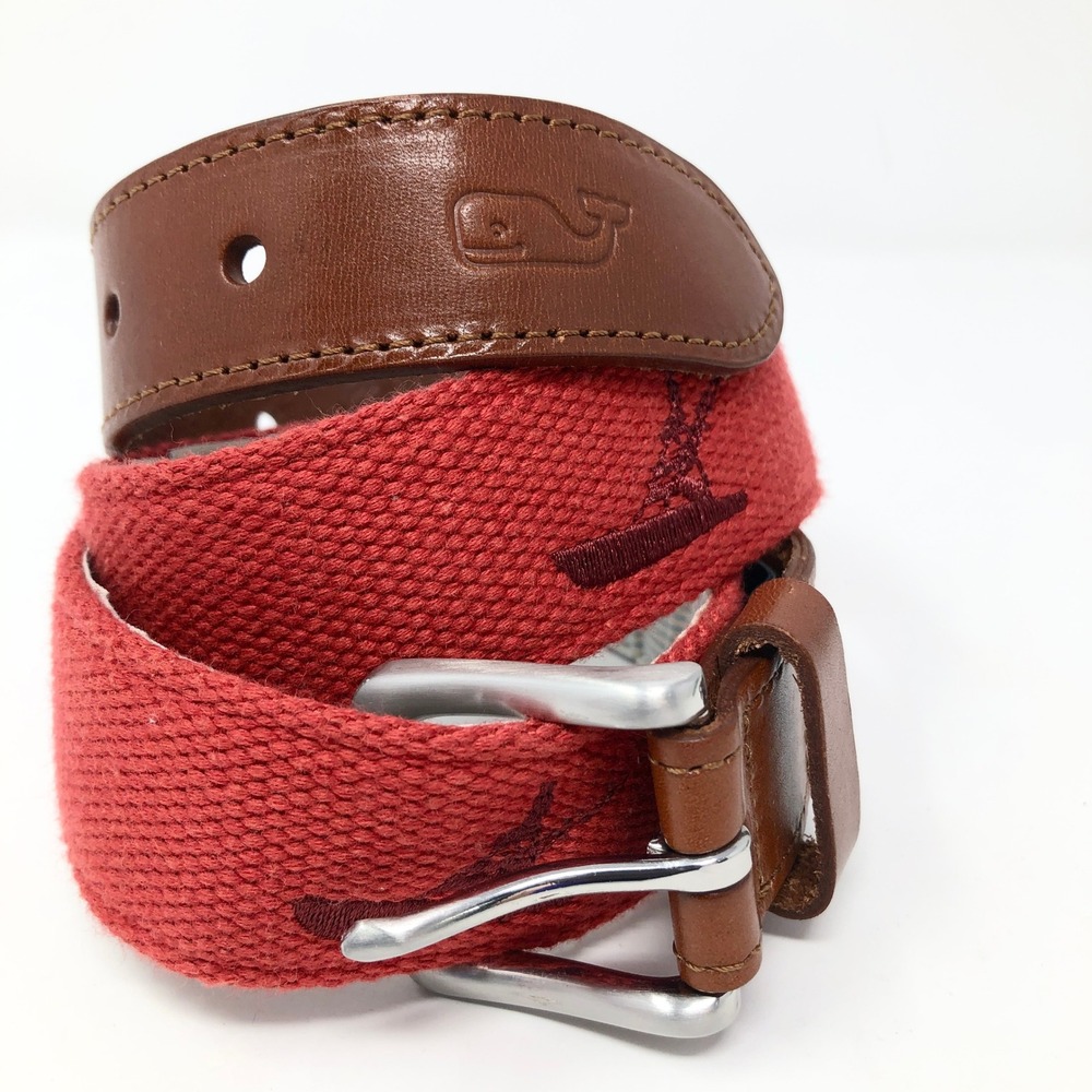 Vineyard Vines Mens Red Canvas Leather Sailboat Embroidered Belt Size 32 Preppy